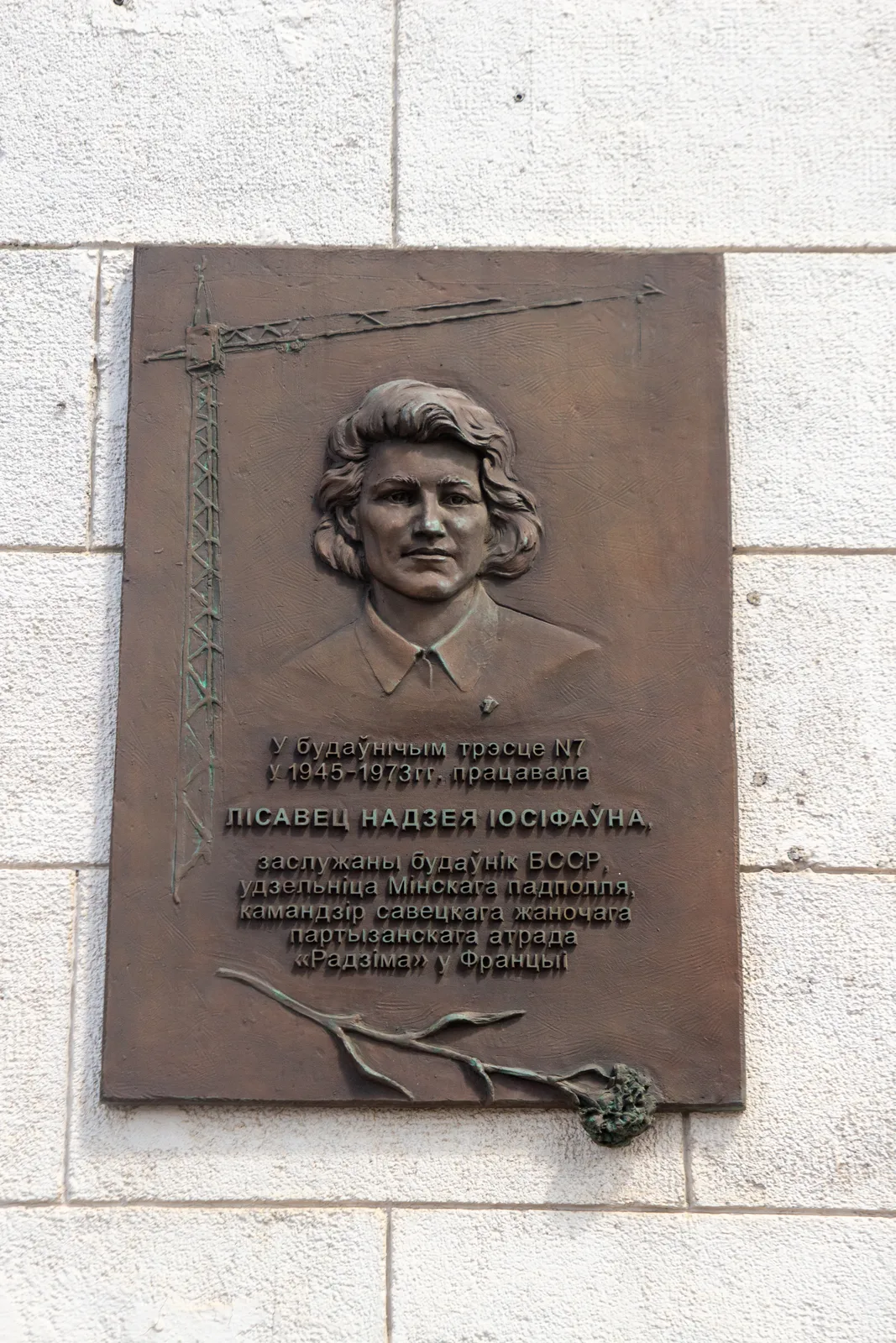 Бронзовая мемориальная доска с портретом женщины, силуэтом крана и цветком внизу, крупным планом